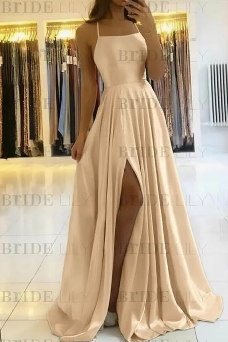 Champagne Satin Prom Dress With Spaghetti Straps and Slit