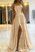 Champagne Satin Prom Dress With Spaghetti Straps and Slit