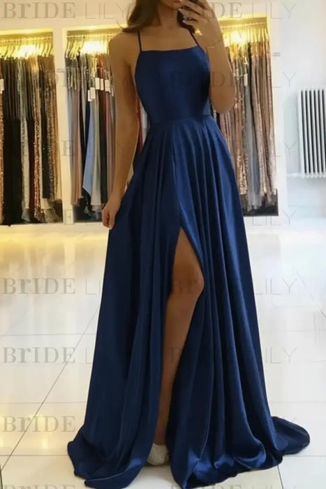 Navy Blue Satin Prom Dress With Spaghetti Straps and Slit