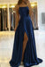 Navy Blue Satin Prom Dress With Spaghetti Straps and Slit