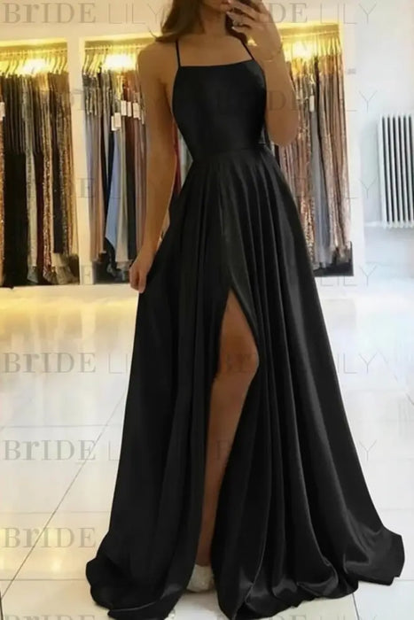 Black Satin Prom Dress With Spaghetti Straps and Slit
