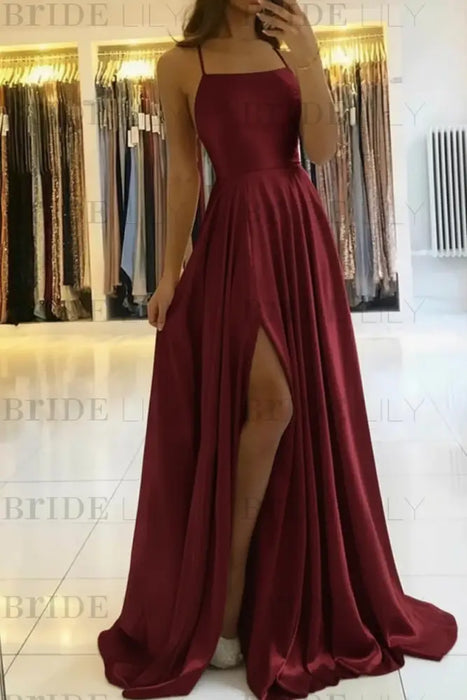 Burgundy Satin Prom Dress With Spaghetti Straps and Slit