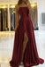 Burgundy Satin Prom Dress With Spaghetti Straps and Slit