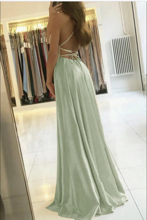 Dusty Sage Prom Dress With Spaghetti Straps and Slit