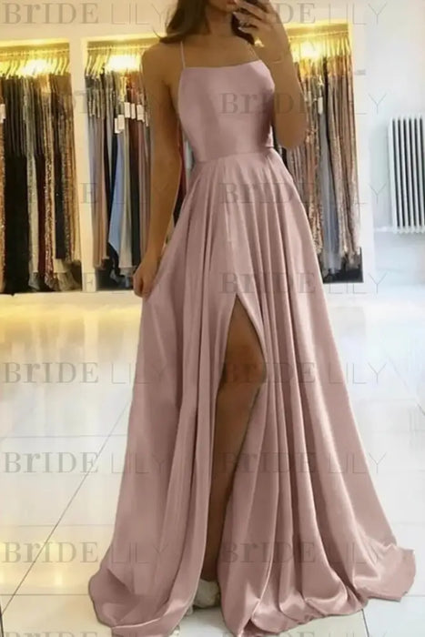 Dusty Pink Satin Prom Dress With Spaghetti Straps and Slit