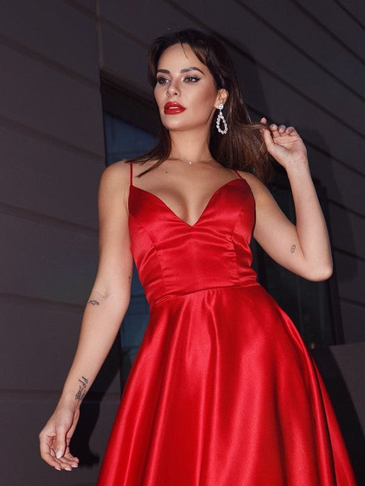 A-Line/Princess Satin Ruffles V-neck Sleeveless Sweep/Brush Train Dresses - Prom Dresses