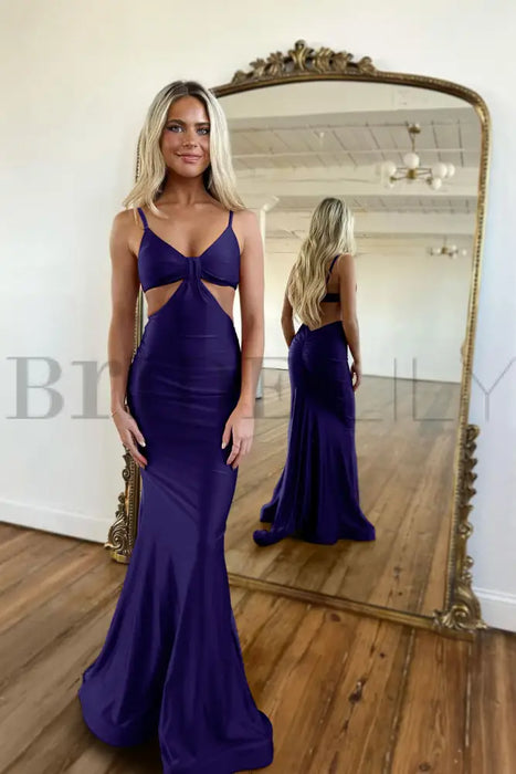 Simple Red Spaghetti Strap Long Mermaid Prom Dress with Taping Detail
