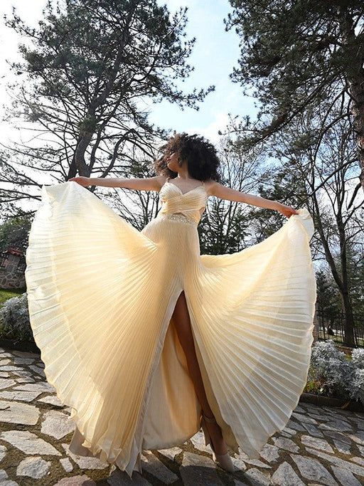 A-Line/Princess Ruffles Sweep/Brush Train Satin Sleeveless V-neck Dresses - Prom Dresses