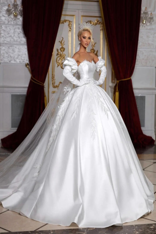 A Line Satin Appliques Off The Shoulder Wedding Dress main image 1