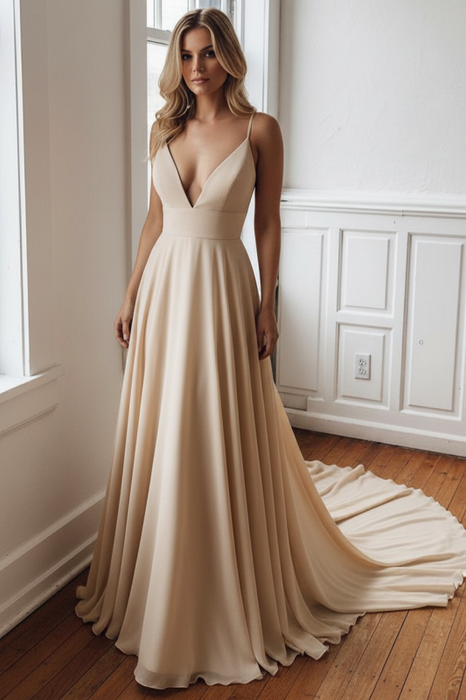 Simple V Neck Chiffon A Line Covered Button Boho Wedding Dresses champagne- wedding dresses
