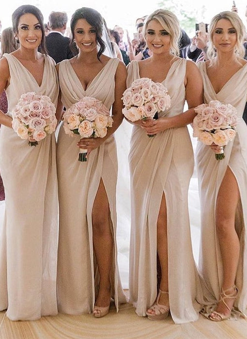 Simple V Neck Sleeveless Sheath Pleated Chiffon Bridesmaid Dress with Split