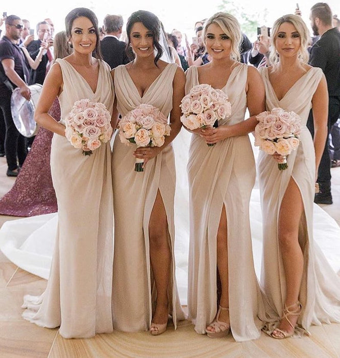 Simple V Neck Sleeveless Sheath Pleated Chiffon Bridesmaid Dress with Split