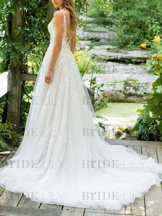 Simple Wedding Dress 2021 a line V Neck Sleeveless floor length Beach Bridal Dresses With Train