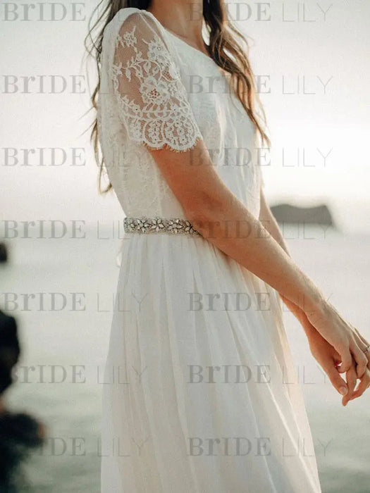 Simple Wedding Dress A Line Jewel Neck Lace Short Sleeve Floor Length Chiffon Beach Wedding Bridal Gowns