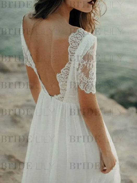 Simple Wedding Dress A Line Jewel Neck Lace Short Sleeve Floor Length Chiffon Beach Wedding Bridal Gowns