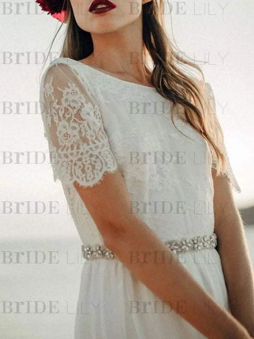 Simple Wedding Dress A Line Jewel Neck Lace Short Sleeve Floor Length Chiffon Beach Wedding Bridal Gowns