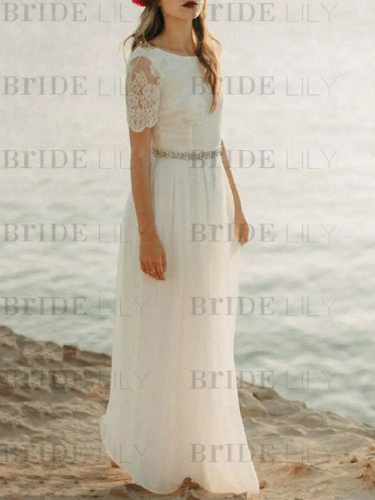 Simple Wedding Dress A Line Jewel Neck Lace Short Sleeve Floor Length Chiffon Beach Wedding Bridal Gowns