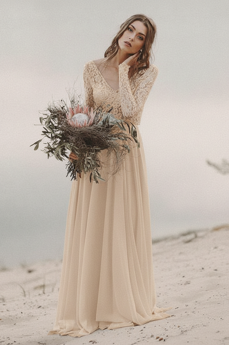 Simple Beach Wedding Dress | V-Neck Long Sleeve Chiffon Lace Gown - Bridelily Simple Beach Wedding Dress | V-Neck Long Sleeve Chiffon Lace Gown - Bridelily