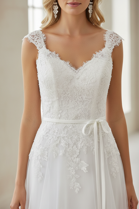 Simple Wedding Dress A Line V Neck Sleeveless Sash Floor Length Bridal Gowns With Train