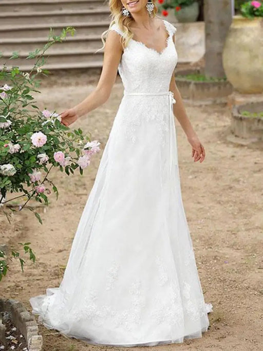 Simple Wedding Dress A Line V Neck Sleeveless Sash Floor Length Bridal Gowns With Train