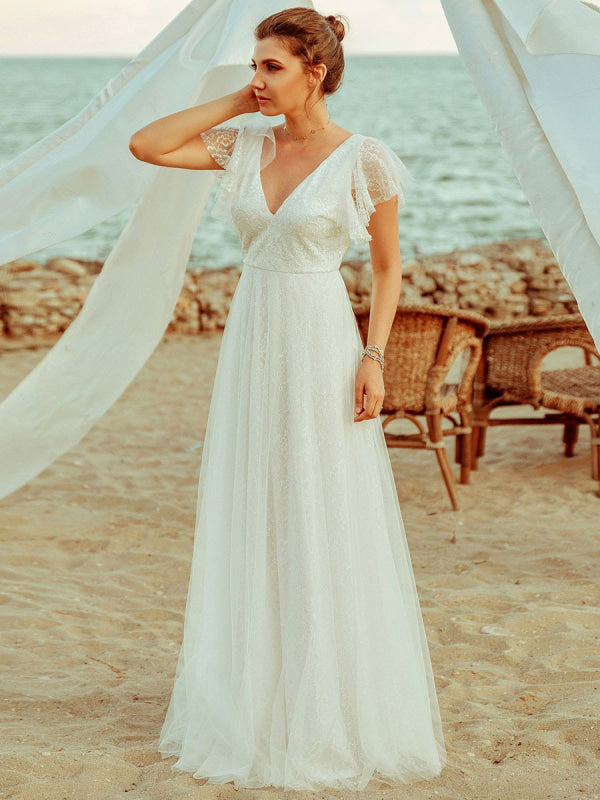 A Line Short Sleeve Tulle Beach Wedding Dress On Sale-Bridelily A Line Short Sleeve Tulle Beach Wedding Dress On Sale-Bridelily