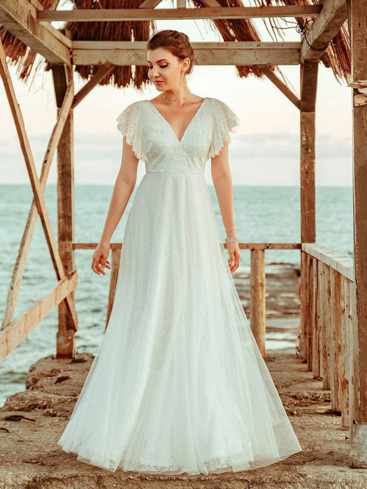 A Line Short Sleeve Tulle Beach Wedding Dress On Sale-Bridelily A Line Short Sleeve Tulle Beach Wedding Dress On Sale-Bridelily