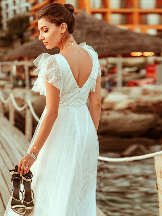 Simple Wedding Dress 2021 A Lne V Neck Short Sleeve Floor Length Tulle Beach Wedding Party Dresses Bridal Gowns