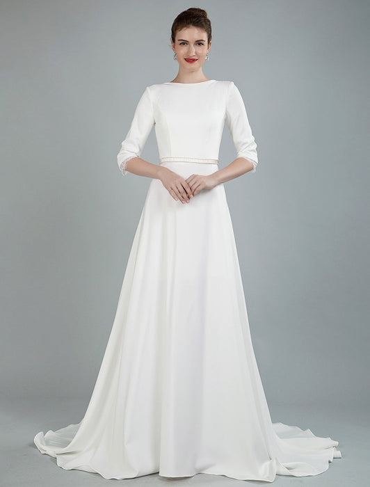Simple Wedding Dress Beaded Sash Backless Bateau Neck Half Sleeves A Line Bridal Gowns With Court Train