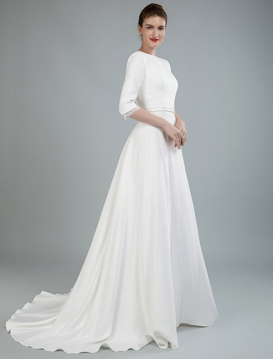Simple Wedding Dress Beaded Sash Backless Bateau Neck Half Sleeves A Line Bridal Gowns With Court Train