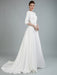 Simple Wedding Dress Beaded Sash Backless Bateau Neck Half Sleeves A Line Bridal Gowns With Court Train