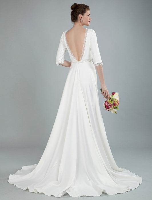 Simple Wedding Dress Beaded Sash Backless Bateau Neck Half Sleeves A Line Bridal Gowns With Court Train
