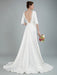 Simple Wedding Dress Beaded Sash Backless Bateau Neck Half Sleeves A Line Bridal Gowns With Court Train