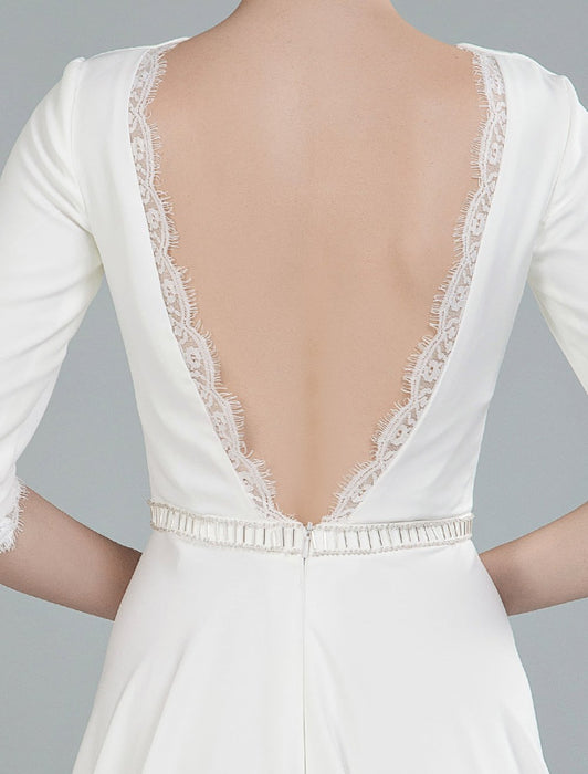 Simple Wedding Dress Beaded Sash Backless Bateau Neck Half Sleeves A Line Bridal Gowns With Court Train