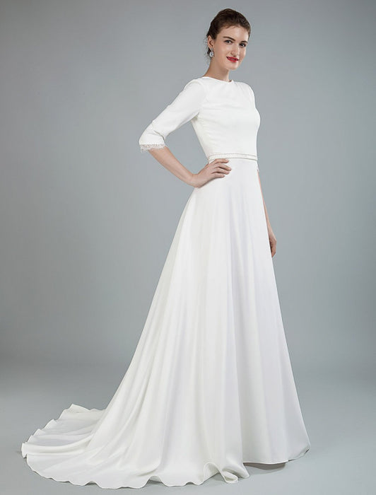 Simple Wedding Dress Beaded Sash Backless Bateau Neck Half Sleeves A Line Bridal Gowns With Court Train