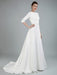 Simple Wedding Dress Beaded Sash Backless Bateau Neck Half Sleeves A Line Bridal Gowns With Court Train