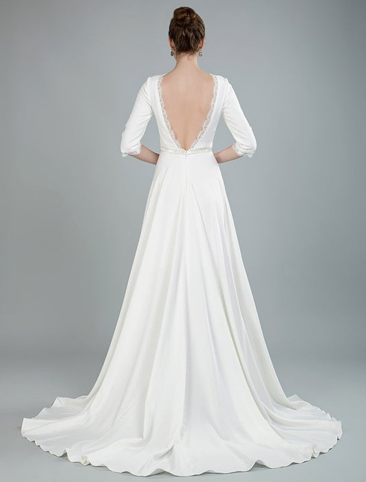 Simple Wedding Dress Beaded Sash Backless Bateau Neck Half Sleeves A Line Bridal Gowns With Court Train