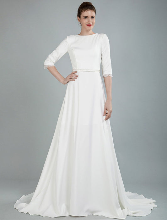 Simple Wedding Dress Beaded Sash Backless Bateau Neck Half Sleeves A Line Bridal Gowns With Court Train