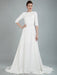 Simple Wedding Dress Beaded Sash Backless Bateau Neck Half Sleeves A Line Bridal Gowns With Court Train
