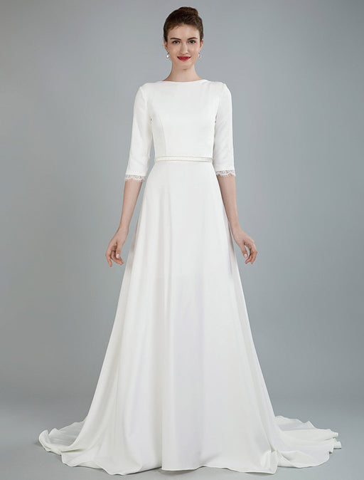 Simple Wedding Dress Beaded Sash Backless Bateau Neck Half Sleeves A Line Bridal Gowns With Court Train