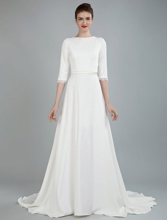 Simple Wedding Dress Beaded Sash Backless Bateau Neck Half Sleeves A Line Bridal Gowns With Court Train