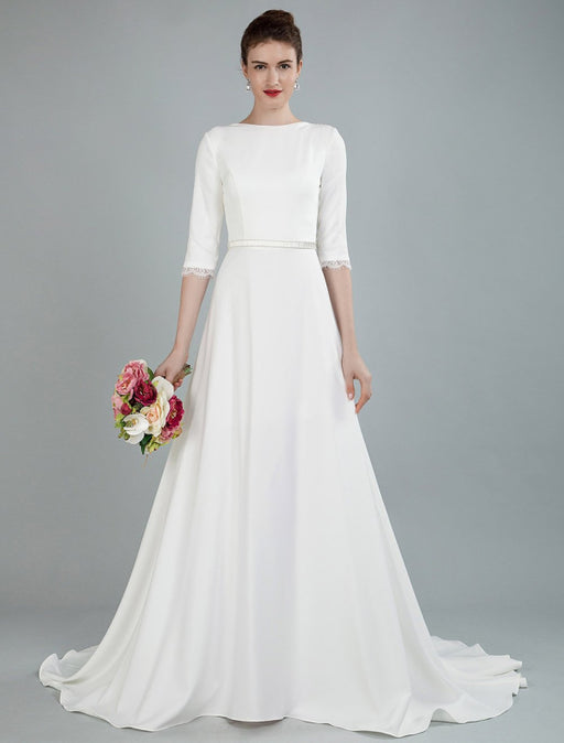 Simple Wedding Dress Beaded Sash Backless Bateau Neck Half Sleeves A Line Bridal Gowns With Court Train