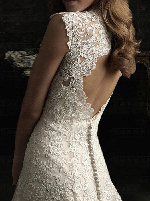 Simple Wedding Dress  Lace V Neck Sleeveless floor length backless Tulle Bridal Gowns with Train