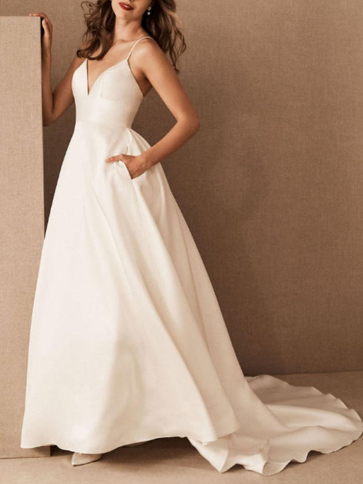 Simple Wedding Dress Satin V Neck Sleeveless Pockets A Line Bridal Gowns