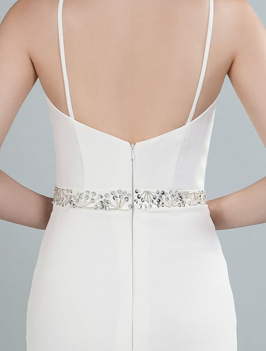 Simple Wedding Dress Sheath Sweetheart Neck Long Sleeves Beaded Bridal Dresses With Train