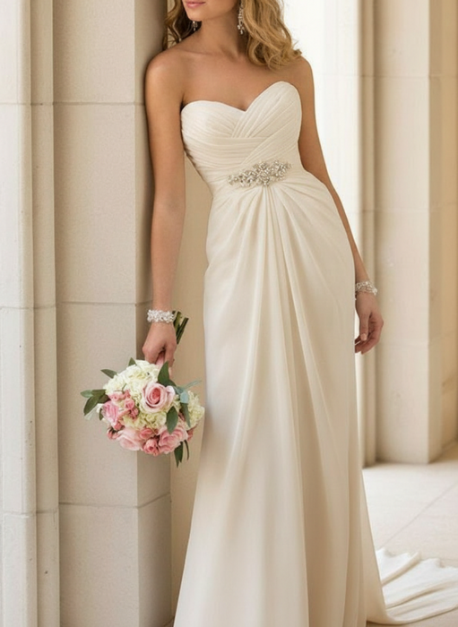 Simple Wedding Dress Sheath Sweetheart Neck Sleeveless Pleated Bridal Dresses With Train