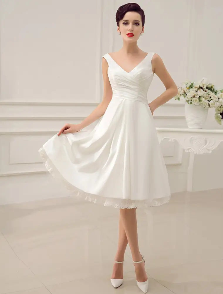 Ivory Knee-Length Backless Lace Bridal Dress-Bridelily