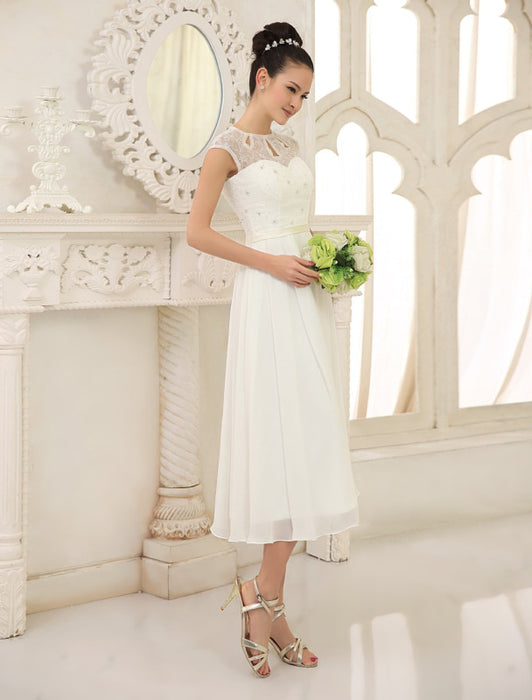 Simple Wedding Dresses Ivory Lace Chiffon Beach Wedding Dress with Beaded misshow