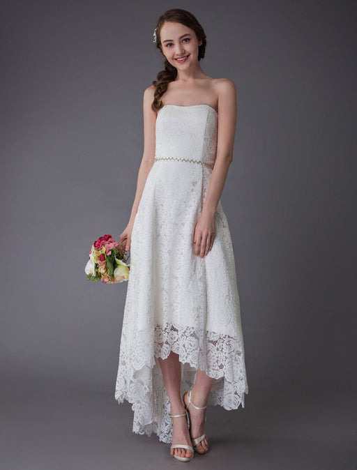 Simple Wedding Dresses Lace High Low Strapless Sash Asymmetrical Short Bridal Dress