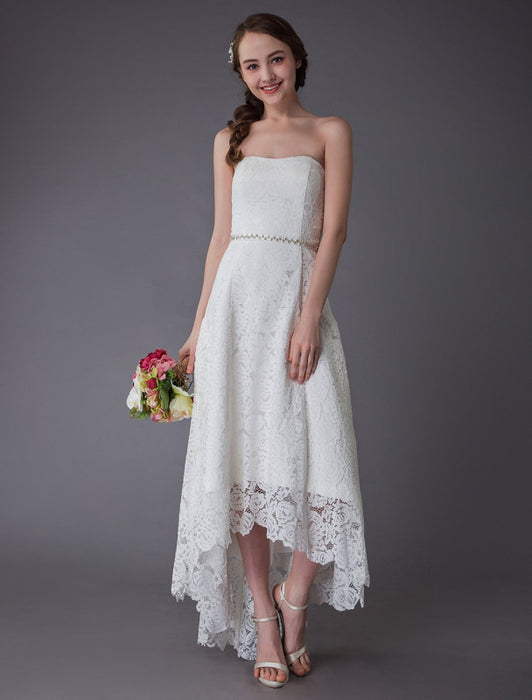 Simple Wedding Dresses Lace High Low Strapless Sash Asymmetrical Short Bridal Dress