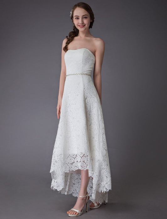 Simple Wedding Dresses Lace High Low Strapless Sash Asymmetrical Short Bridal Dress